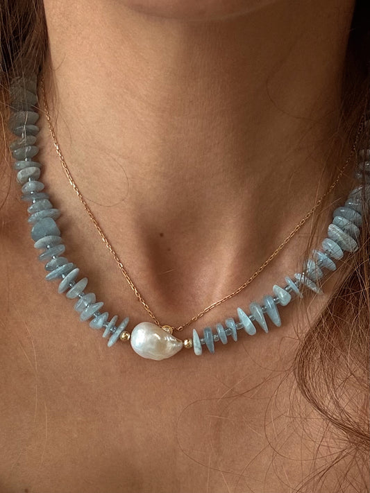 Aquamarine & baroque pearl necklace - 18k plated  image 0