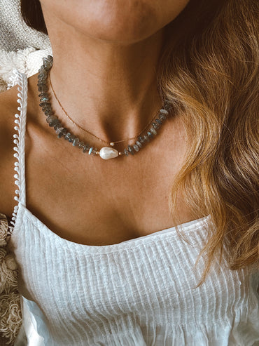 Labradorite & baroque pearl necklace - 18k plated  image 1